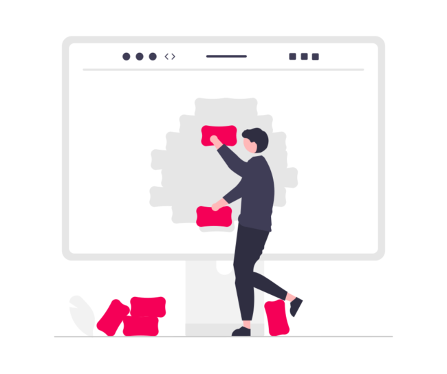 abstract illustration of a man in front of a computer screen, pushing red blocks into the screen