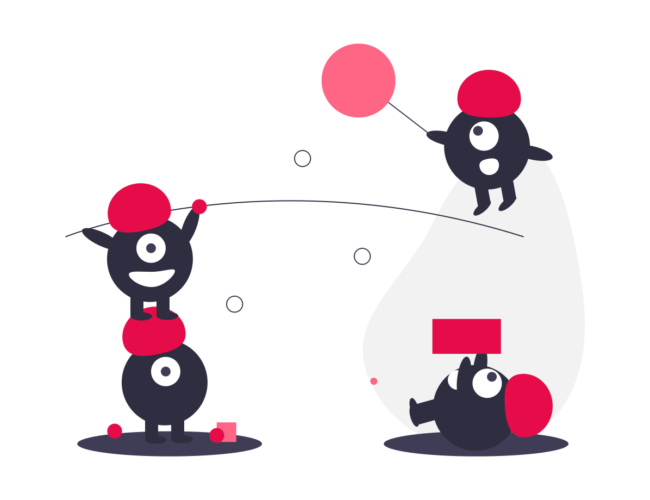 Abstract illustrations showing four blobs being a great team and working together