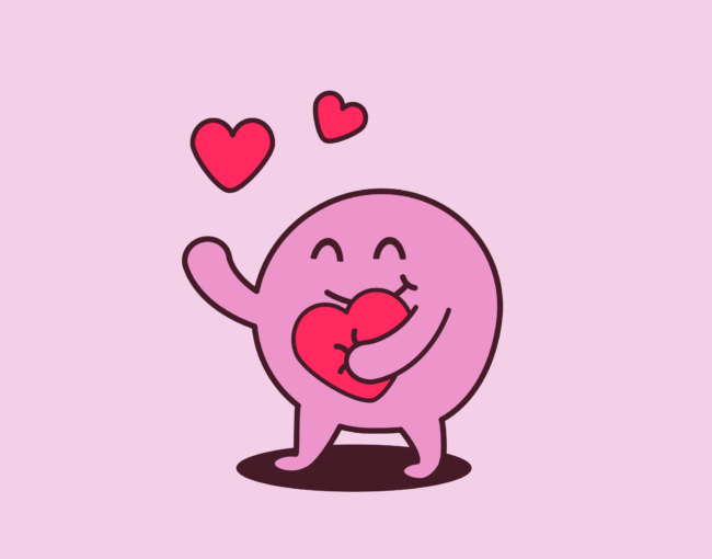 cute pink round mascot clutching a heart, smiling away to themself