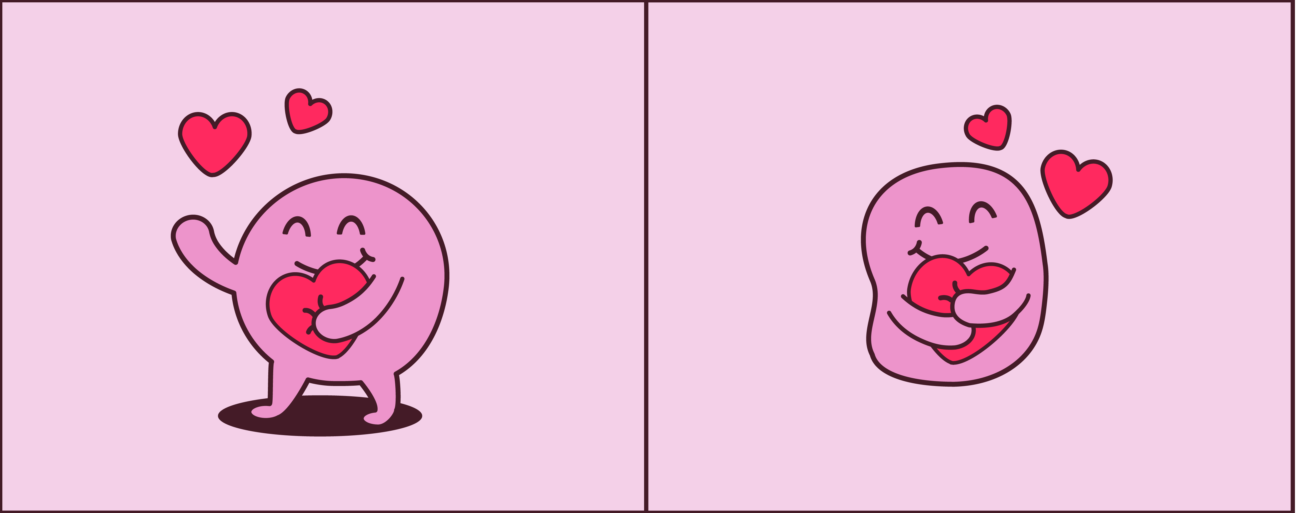 Two iterations of the mascot Two iterations - a rounded blob with a shadow, clutching a heart on the left - and a floating bean-shaped mascot cuddling a heart with both hands on the right.